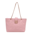 Pink quilted leather tote bag with gold chain strap and metal lock in minimalist style - Pink