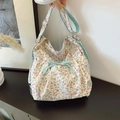 Borsa a tracolla floreale con fiocco blu a scacchi e tracolla a quadri regolabile - Bianco Sporco