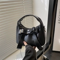 Elegante borsa hobo nera con fiocco in pelle PU con tracolla a catena e manico - Nero