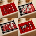 Détail de quatre sets de table en lin de la Saint-Valentin avec motifs de cœurs et camions - Ensemble Mixte Festival 4Pcs (VPM001)