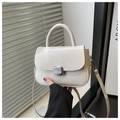 Dettaglio della borsa squadrata color crema in pelle con chiusura argento e manico - Bianco Sporco