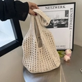 Chic cream white hand-woven crochet shoulder bag with minimalist mesh texture - Plain Hollow Style-Beige