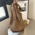 Brown hand-woven shoulder bag with hollow crochet design for women in casual style - Plain Hollow Style-Khaki