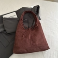 Deep brown suede tote bag for women featuring a minimalist bow design for commute - Brown