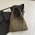 Vintage olive green suede hobo tote bag with delicate bow knot detail and soft texture - Green