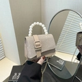 Chic beige mini square bag with pearl handle and rhinestone flap for women - Khaki
