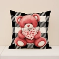 Plaid heart throw pillow with cute bear graphic and red heart on linen cushion - Black and White Plaid Bear (VP028-2)