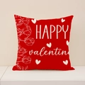 Red Valentine pillow cover with Happy Valentine text and rose pattern on linen - Red Romantic Happy Valentine (VP028-3)