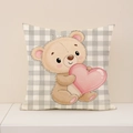 Pink Valentine heart bear printed on square linen pillowcase with grey checkered pattern - Cartoon Bear Holding Heart (VP035-2) / 45x45cm