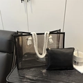 Transparent smoke gray PVC tote bag with white rope handles and black inner pouch - Black