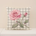 Pink floral rose linen pillow case with gray gingham background for home decor - Rose Illustration Plaid (VP035-4) / 45x45cm