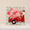 Valentine cushion cover with red flower truck design on grey plaid background - Plaid Rose Truck Style (VP031-4) / 45x45cm (Pillowcase Only)