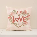 Roze geruite linnen kussenhoes met rozenkrans in hartvorm en de tekst LOVE - Roze Geruit Hart Liefde Stijl (VP032-1) / 45x45cm(Alleen Hoes)