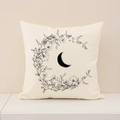 Funda de cojín de lino con estampado de luna negra y corona sobre fondo beige - 45x45cm(Solo Funda) / Ymz36-1