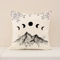 Funda de cojín de lino con fases lunares y motivos florales en crema y negro - 45x45cm(Solo Funda) / Ymz36-2