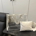 Transparent PVC tote bag with white trim, rope handles and matching inner pouch - White