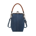 Vintage denim kiss lock handbag with brown leather straps and adjustable shoulder belt - Dark Blue