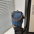 Vintage denim blue crossbody bag with brown leather handle and metal kiss-lock closure - Dark Blue