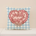 Blue gingham throw pillow with a pink sweetheart heart and pearl bow detail - Blue Gingham Heart Style (VP029-1)