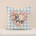 Blue plaid square pillowcase featuring a romantic pink rose heart with Be Mine text - Flower Wreath Be Mine Style (VP033-1)