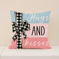 Square tricolor striped pillowcase with Hugs AND Kisses text and ribbon pattern - Striped Hugs and Kisses Style (VP033-3)