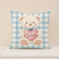 Blue plaid pillowcase with cute teddy bear holding a pink heart and Love text - Teddy Bear with Heart Style (VP033-4)