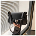 Sleek black faux leather shoulder bag featuring a silver heart buckle and adjustable strap - Black