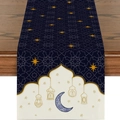 Blue and beige Ramadan table runner with moon and lantern print for festive dining - Dark Blue Beige Splicing Moon Style (ZQZ20-2)