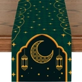 Dark green Ramadan table runner with golden moon and lantern prints for festive decor - Dark Green Gold Moon Lantern Style (ZQZ20-3)