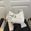 Minimalist white half-moon underarm bag with silver buckle and sleek PU leather finish - White