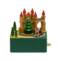 European castle wooden music box with rotating base and red spires in natural finish - Castle Style (YP2403) / 11x11cm Base