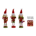 Set of three 13cm wooden Christmas nutcracker elf ornaments with gift and candy cane - Christmas Elf Clown Style (M13303)