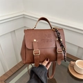Vintage brown leather briefcase backpack with retro double buckle and woven charm - With Pendant / Brown