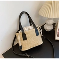 Handwoven straw tote bag in dark weave with drawstring liner and leather strap - Black