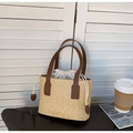 Natural beige straw tote bag with dark brown handles and white drawstring liner - Dark Brown