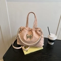 Pink drawstring handbag with pearl chain and silver butterfly charm in soft fabric - Pink