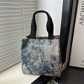 Borsa tote vintage in jacquard a fiori blu con manici neri per uso quotidiano - Stile 4 (Floreale Blu Vintage)