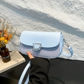 Minimalist light blue square bag with woven texture and silver metal ring buckle - Blue