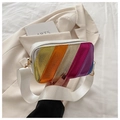 Detail of metallic rainbow striped camera bag with white wide strap and laser finish - White