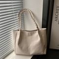 Retro cream white tote bag with houndstooth texture and woven leather handle - White