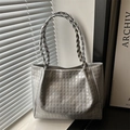 Silver houndstooth tote bag with woven handles and a metallic finish for women - Silver