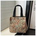 Close-up of vintage floral jacquard tote bag with black handles and zipper details - Vintage Red Floral (Style 5)
