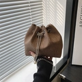 Brown woven drawstring bucket bag with silver chain strap and pearl charms - Dense Woven Texture / Brown