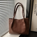 Brown houndstooth tote bag with woven handles and large capacity for women commuting - Brown