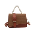Brown woven crossbody bag with elegant pearl handle and adjustable shoulder strap - Brown