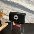 Minimalist black shiny leather chain bag with luxurious crystal square buckle detail - Black