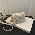 Elegant cream woven mini square bag with pearl handle and stylish chain strap - White