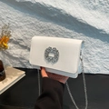 White leather crossbody bag with rhinestone buckle and elegant silver chain strap - White