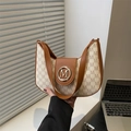 Chic beige monogram crescent shoulder bag with brown leather trim and M-buckle - White