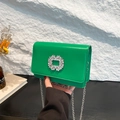 Chic vibrant green leather crossbody bag with sparkling crystal buckle and chain strap - Green
